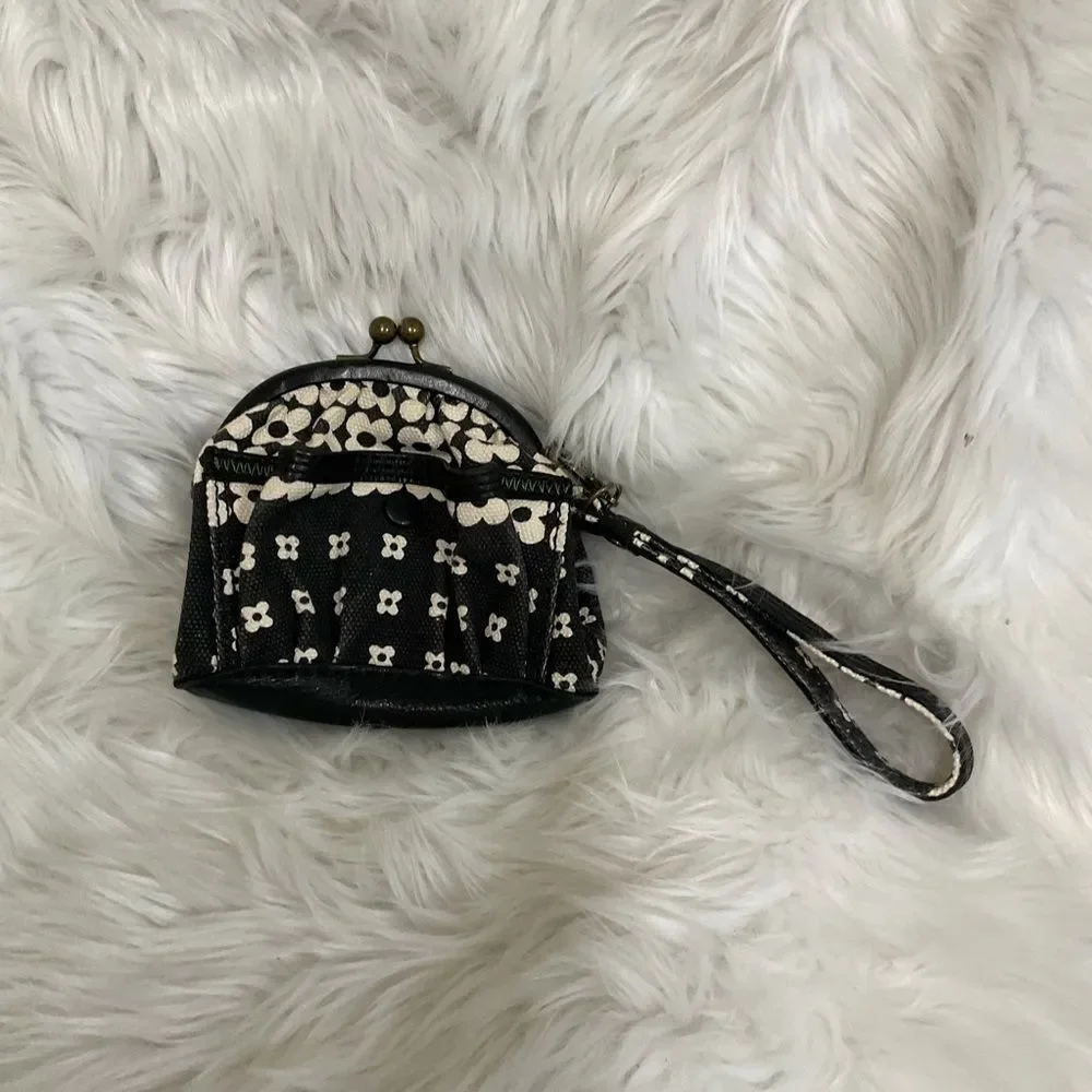 Lucky Brand Black & Cream Floral Print Kiss Lock Pouch Wristlet Purse